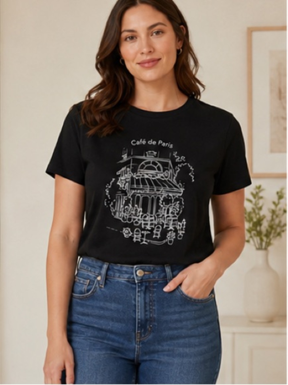 Reitmans Café de Paris Black Graphic Tee Size M